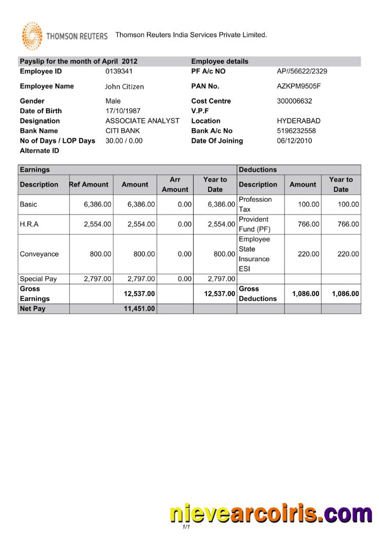 India THOMSON Reuters India Services Private Limited payslip